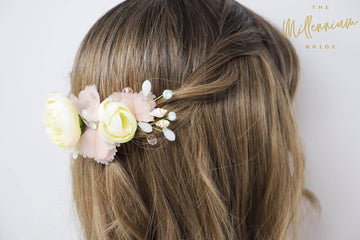 Swarovski Crystals Shells Pink Yellow flower Bridal Hair piece, Bridal Hair Accessories, Wedding Hair Accessory, Bridal Hair Comb.